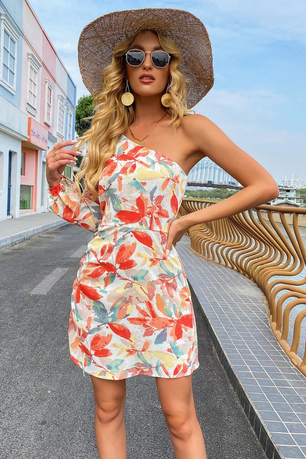 Printed One-Shoulder Drawstring Mini Dress - Premium  from Trendsi - Just $29.00! Shop now at Alexi and Gray