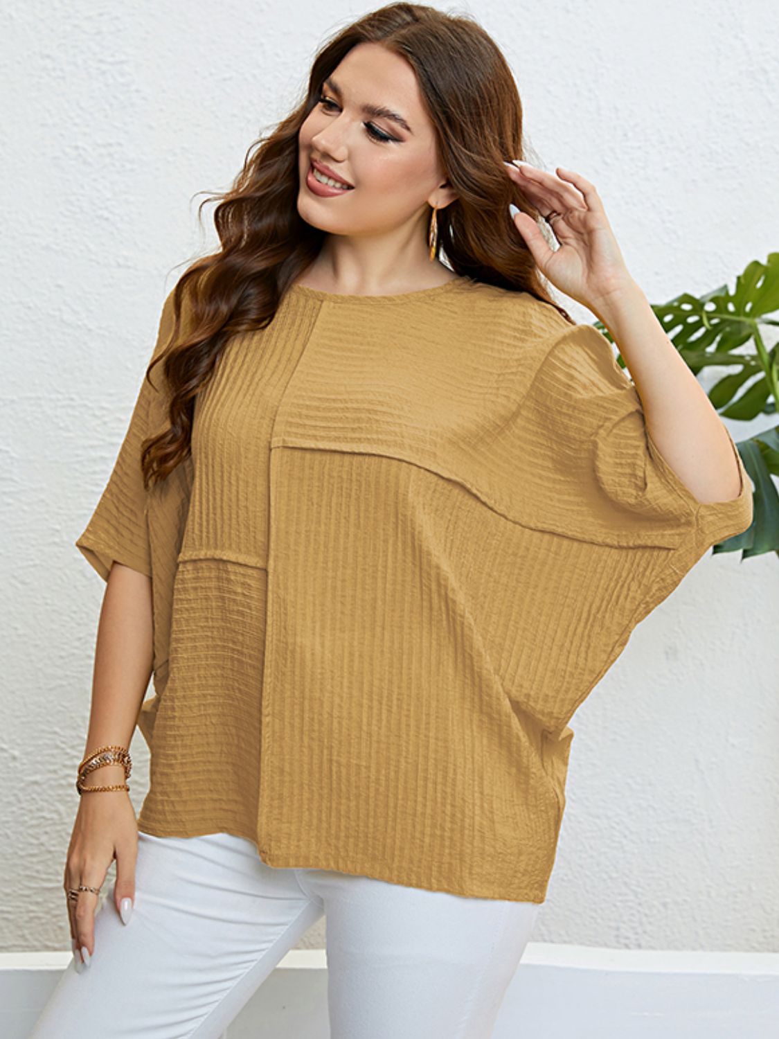 Plus Size Seam Detail Half Sleeve Top - Premium  from Trendsi - Just $25.00! Shop now at Alexi and Gray