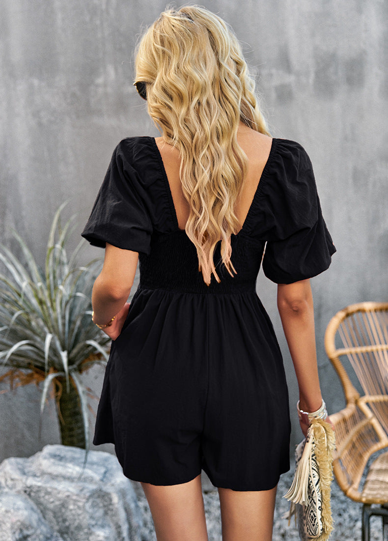 Square Neck Short Sleeve Smocked Romper - Premium  from Trendsi - Just $35.00! Shop now at Alexi and Gray