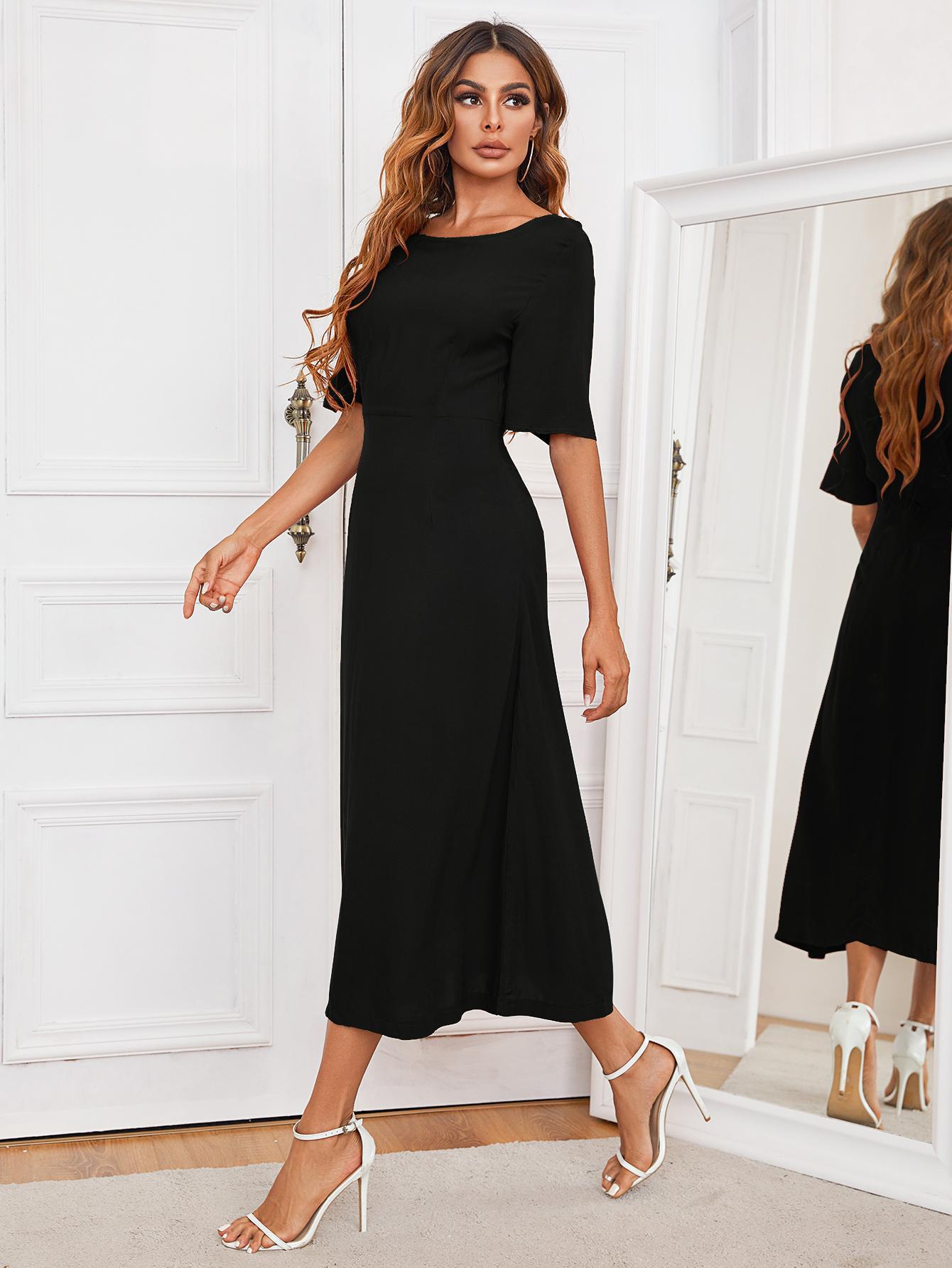 Round Neck Cutout Half Sleeve Dress - Premium  from Trendsi - Just $30.00! Shop now at Alexi and Gray