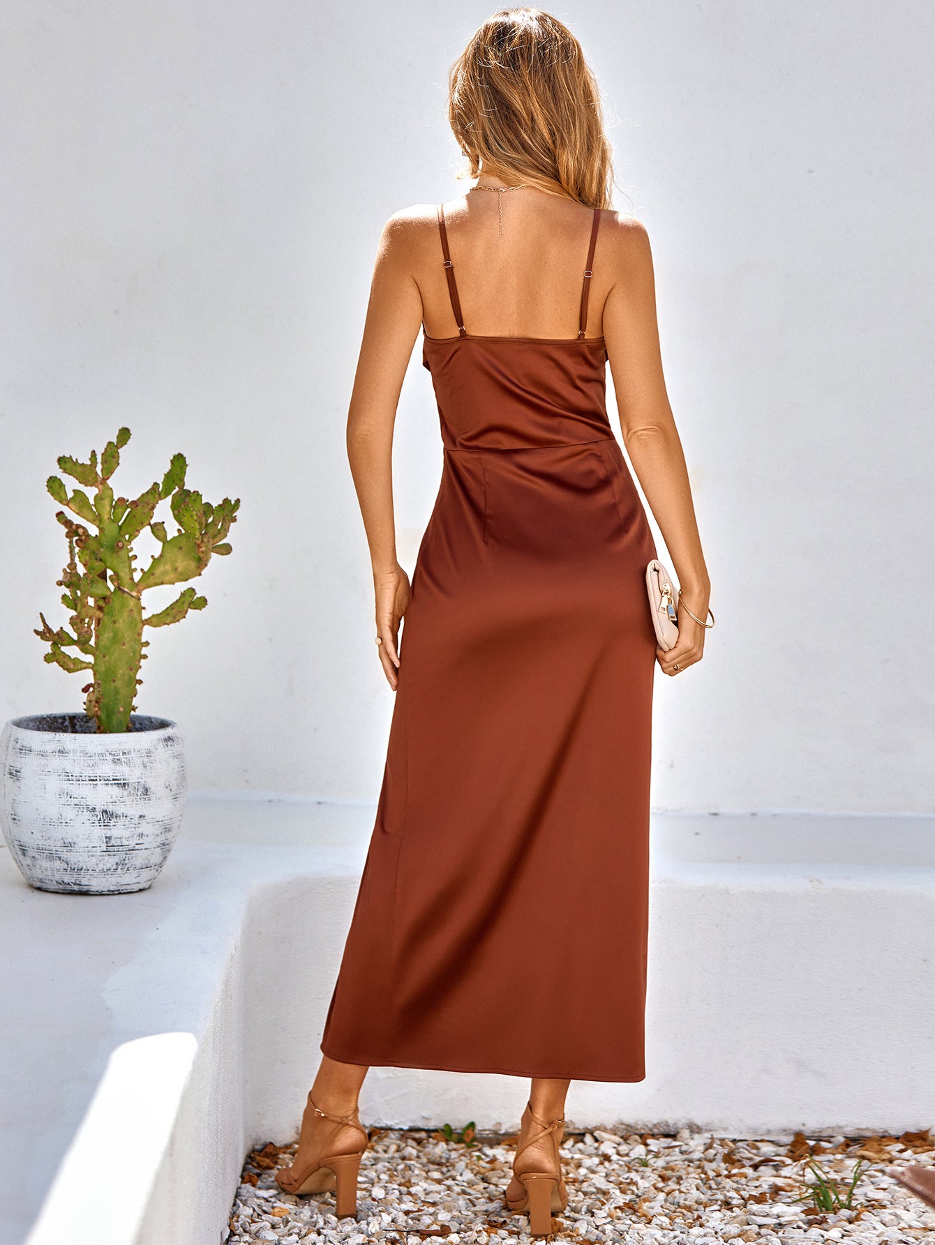 Pleated Detail Spaghetti Strap Slit Dress - Premium  from Trendsi - Just $33.00! Shop now at Alexi and Gray