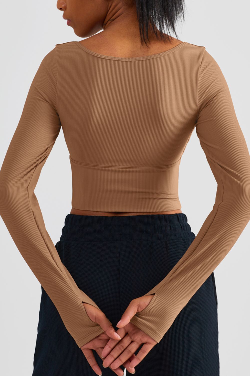Scoop Neck Thumbhole Sleeve Cropped Sports Top - Premium  from Trendsi - Just $46.00! Shop now at Alexi and Gray